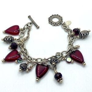 Vtg Sterling Silver Glass Heart Toggle Double Chain Beaded Bracelet 6.8”